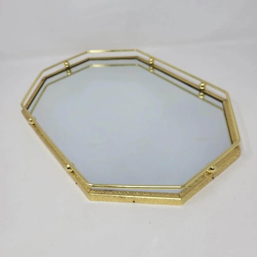 Vintage Gold Brass Octagon Mirrored Vanity Tray Hollywood Regency‎ Filigree 13x9
